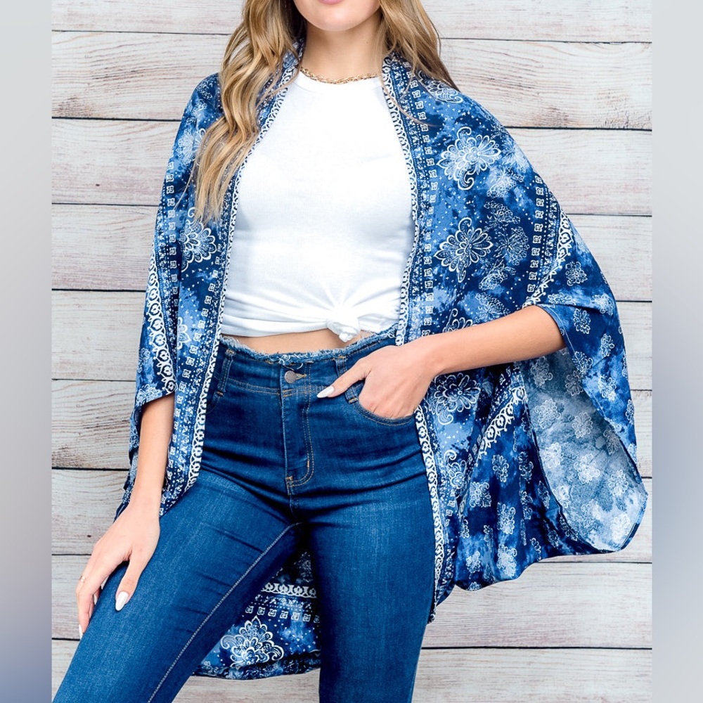 HP 3/28/23!! NWT Blue Pattern and Tie Dye Cover Up Kimono - Picture 1 of 9